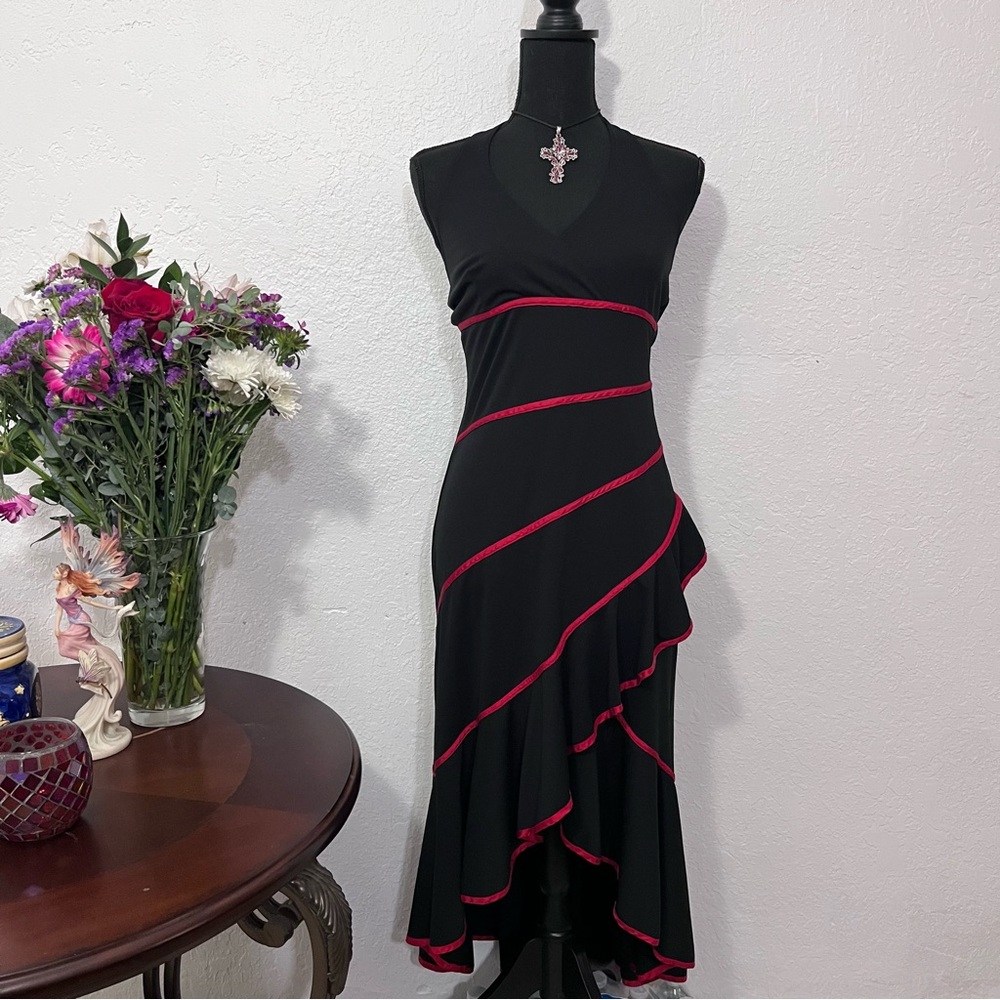 Black Dress with Red Trim — Sleeveless V-Neck Women's Dress